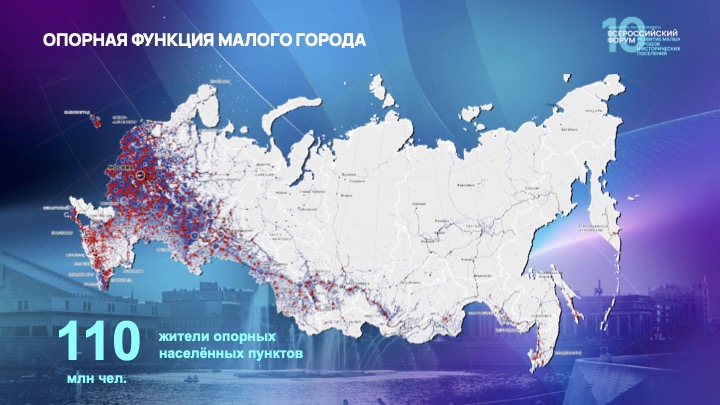 Инфографика «Опорная функция малого города» с картой России и выделенными населенными пунктами.