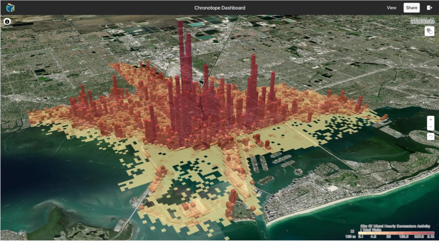 3D-карта плотности городской застройки на побережье, визуализация пространственного анализа