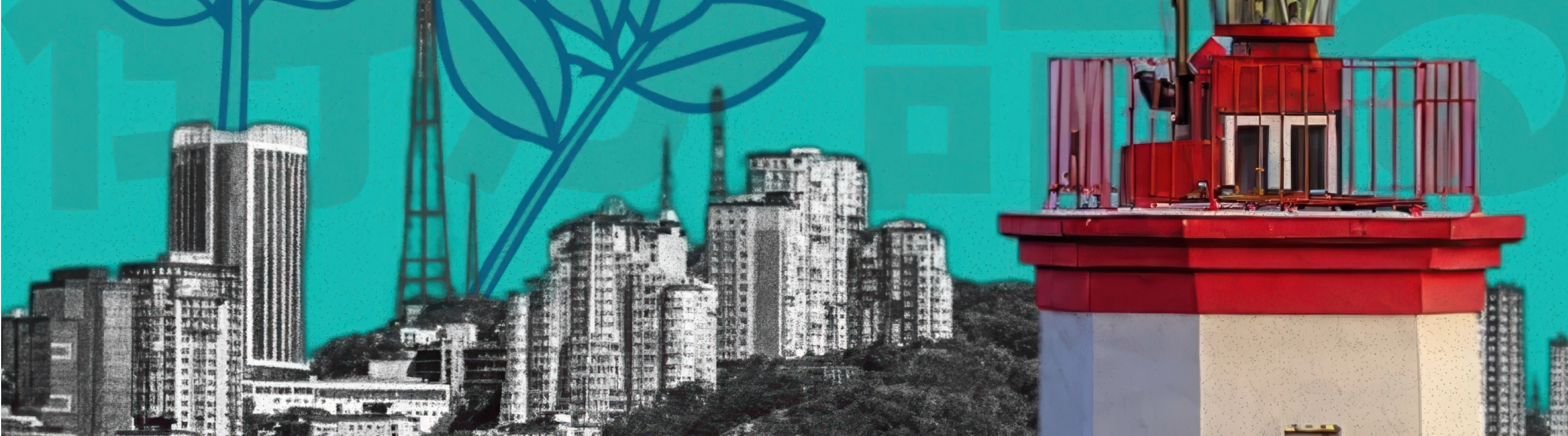 Коллаж с черно-белыми многоэтажными зданиями и цветными элементами на бирюзовом фоне.