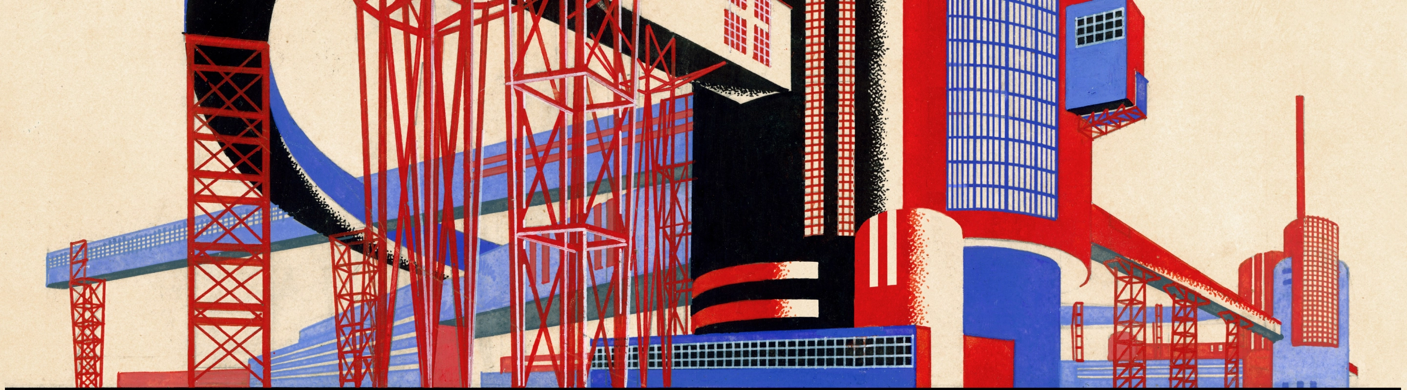 Абстрактная конструктивистская иллюстрация с красными металлическими конструкциями и синими геометрическими зданиями.